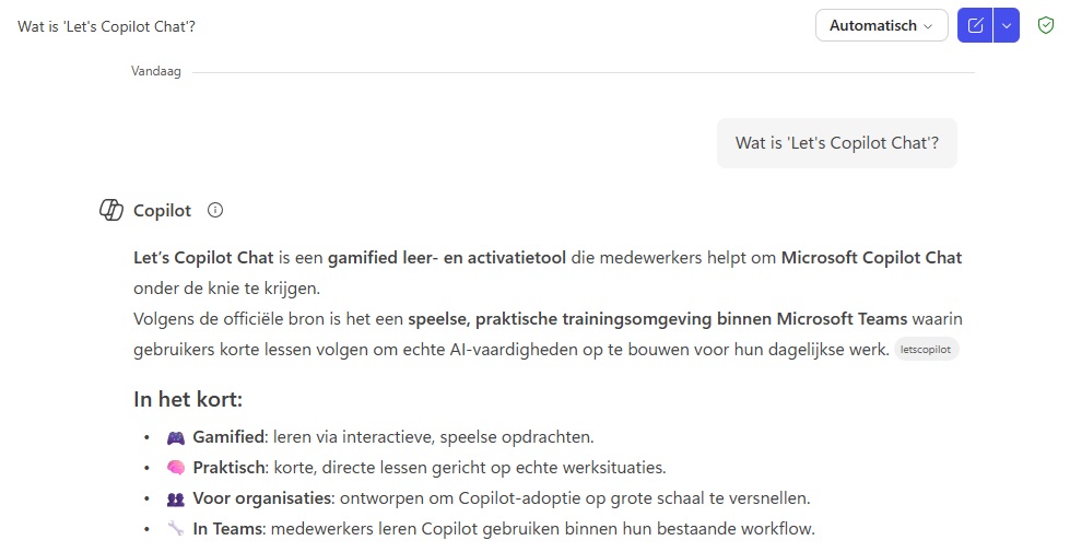 Stel je vragen aan Copilot Chat en je krijgt een antwoord gebasseerd op webinformatie.