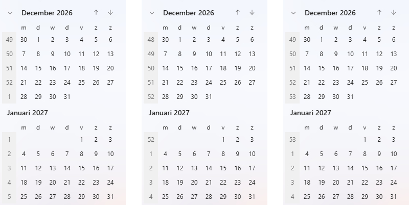 3 verschillende instellingen voor weeknummering binnen Outlook. Uiterst rechts is de ISO 8601 instelling en laat week 53 zien.