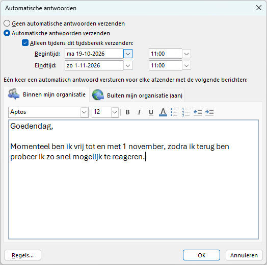 Het venster voor automatisch antwoorden ziet er in de klassieke Outlook iets anders uit, maar heeft vergelijkbare functies.