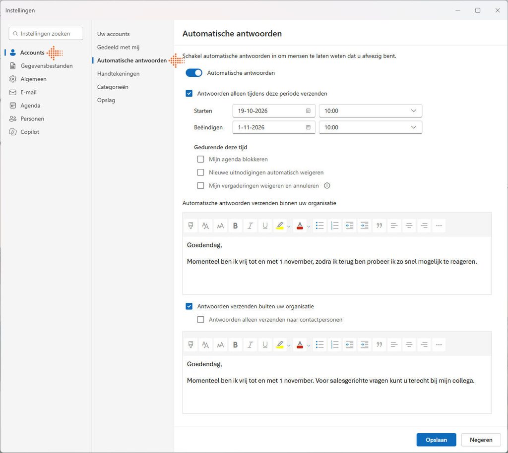 Automatisch antwoorden instellen in de nieuw outlook. Handig voor als je out-of-office bent.